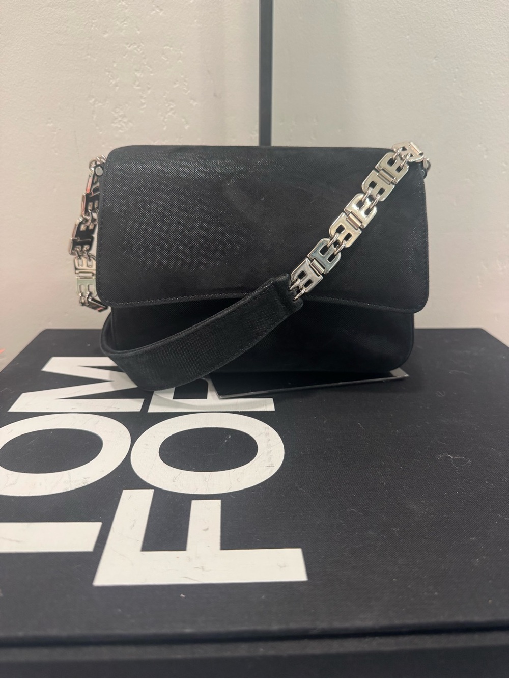Bally Black suede Shoulder Bag with Silver Chain Accent